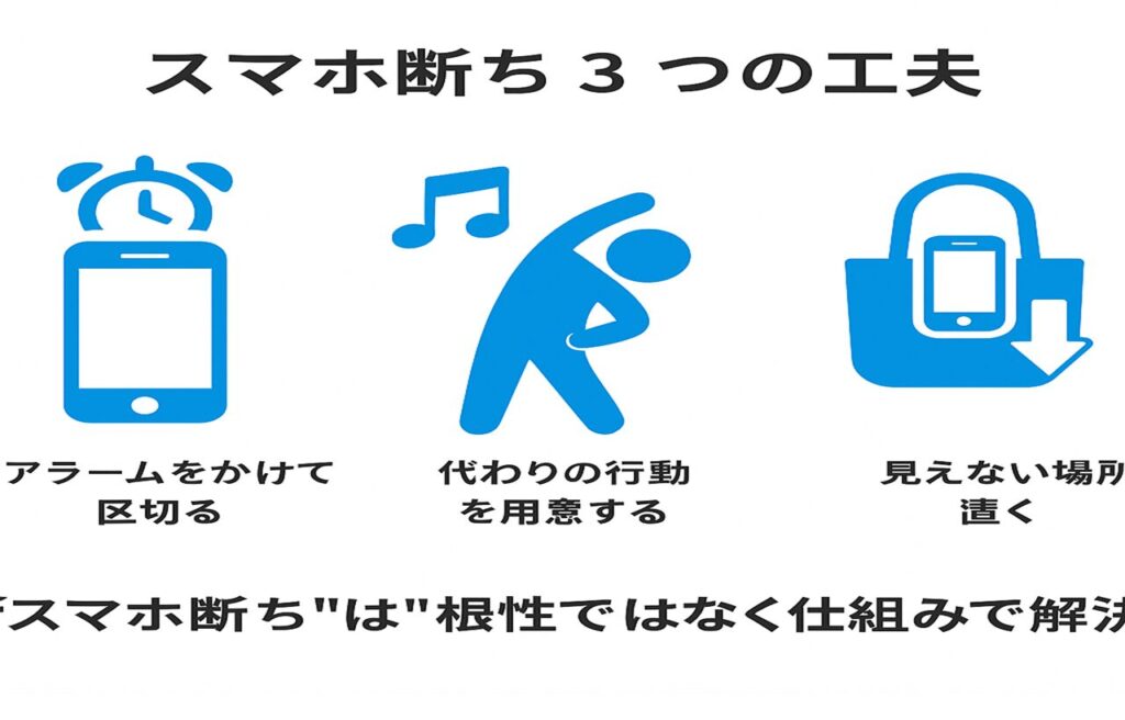 スマホ断ち3つの工夫の文字。
アラームをかけて区切る、代わりの行動を用意する、見えない場所に置く。の文字が記載